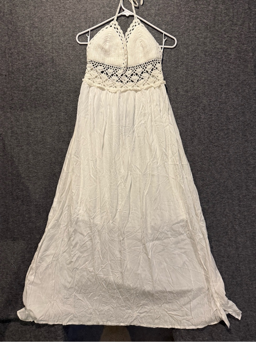 Lil Better Crochet Maxi Dress Womens L Cream Off-White Beach Boho Halter Neck